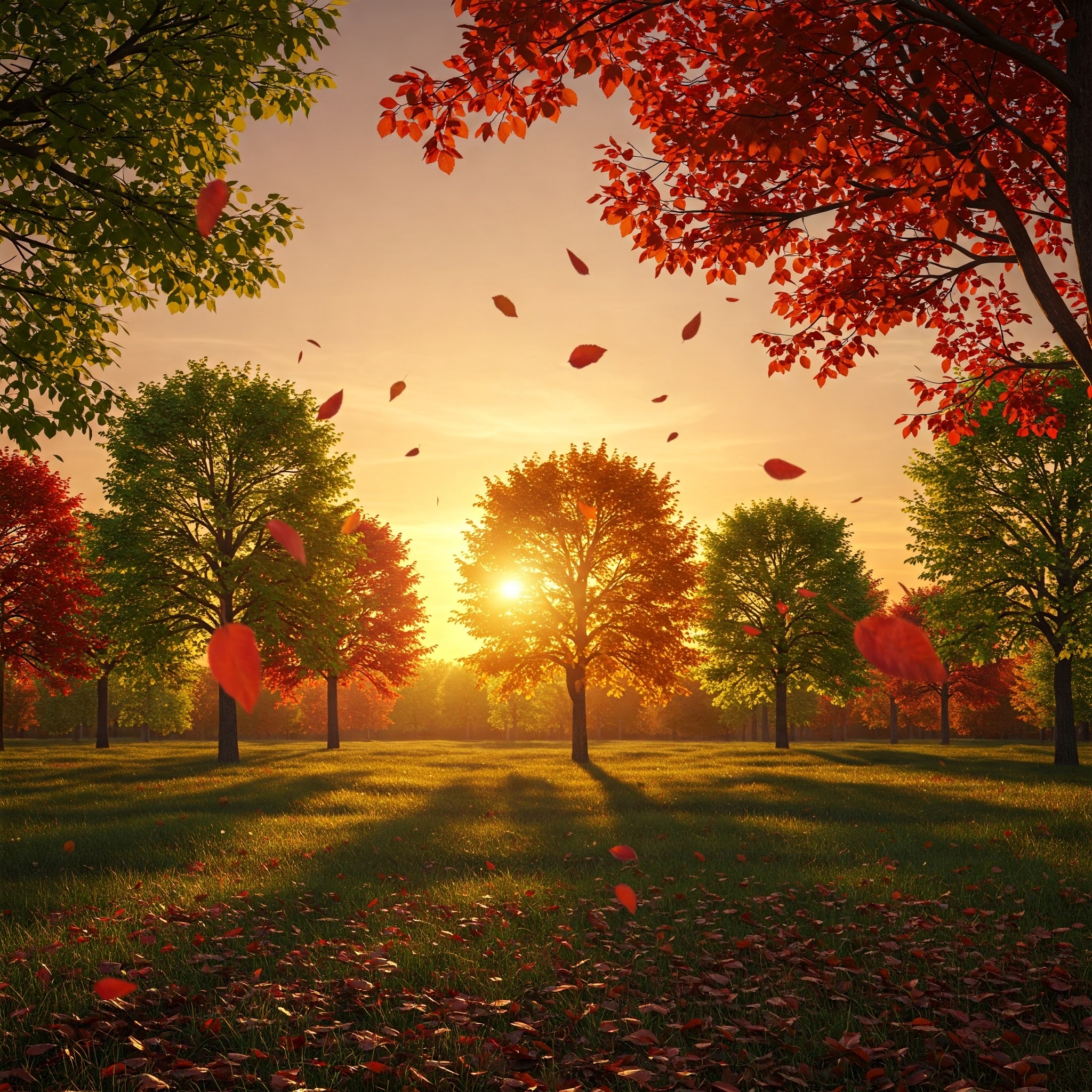 photo of Autumn Sunset with Falling Leaves